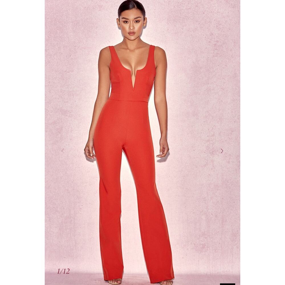 House of CB Natalja Red V Plungeβ Jumpsuit Size: XS